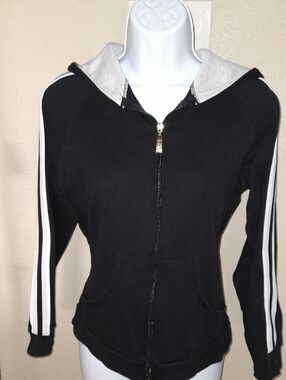 Women's Black Hooded Varsity Zip Jacket with White Stripe